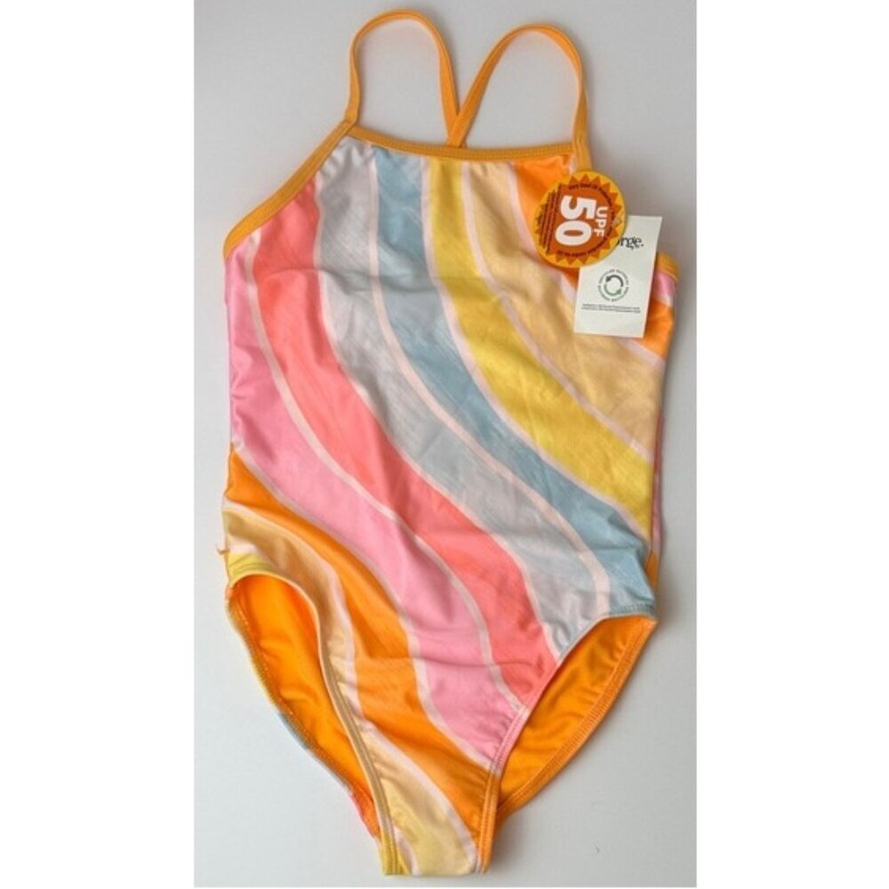 George Girls One Piece Swimsuit Size M 7/8 Rainbow UPF50 Criss Cross Back NWT